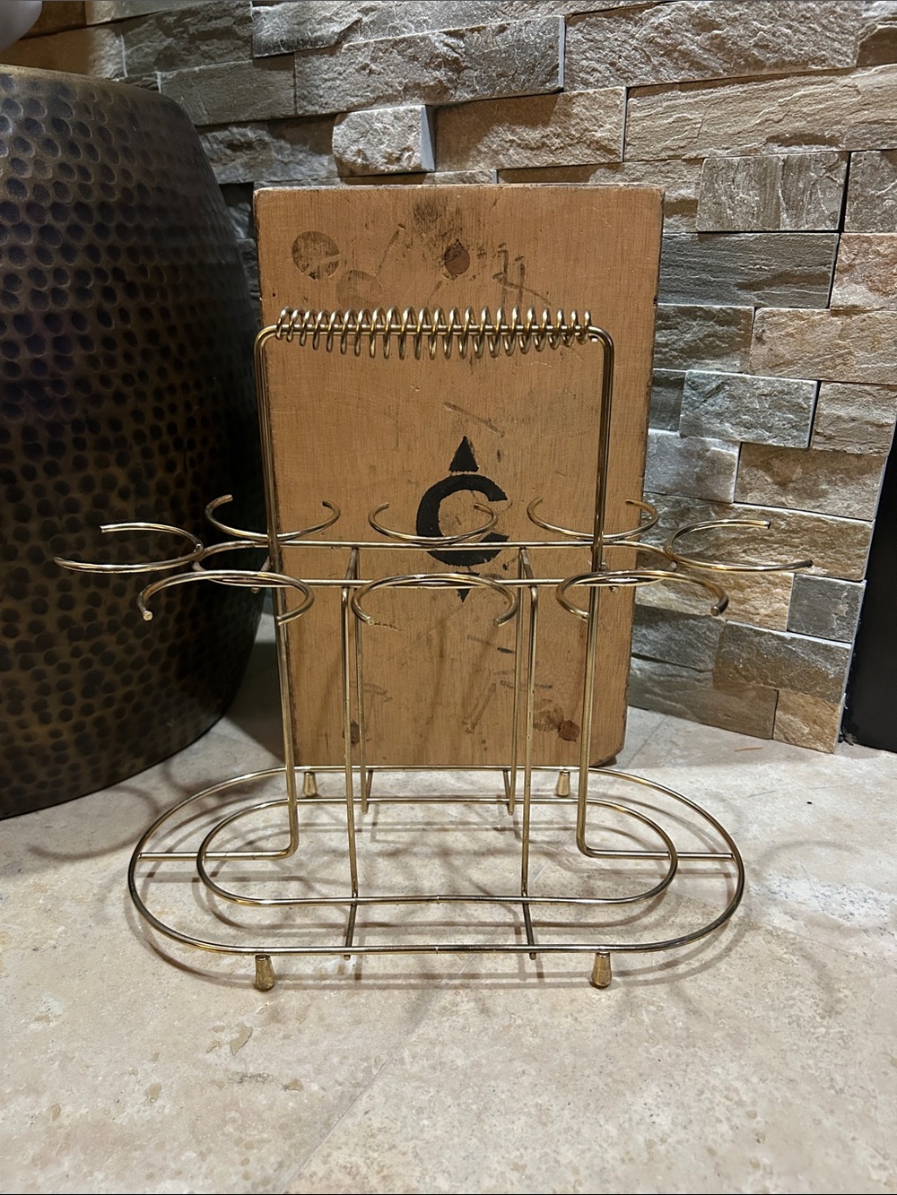 vintage Mid-Century Modern gold-tone wire beverage or glassware caddy